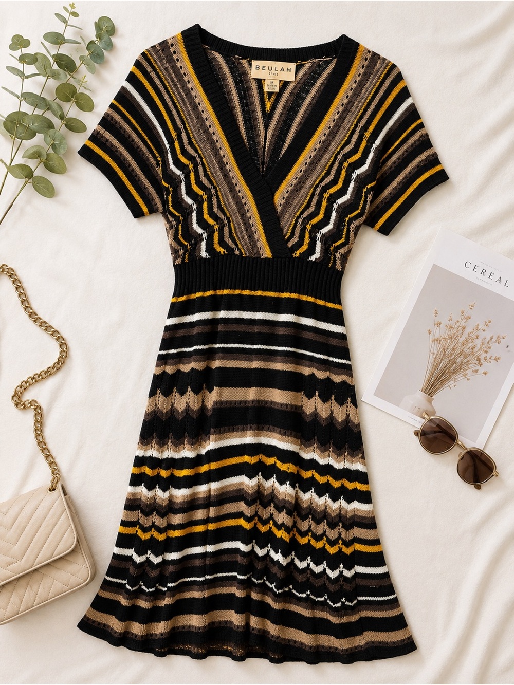 Beulah Black, Mustard & Tan Striped Midi Dress